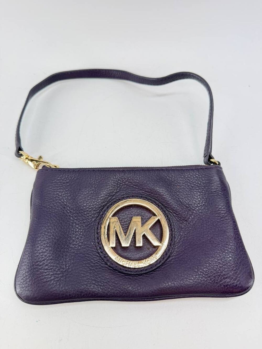 Michael Kors Purple Leather Wristlet Clutch Zip Pouch Gold Logo MK Bag